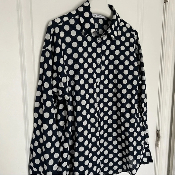 ZARA Blue White Linen Polka  Dot Button Down Long Sleeve Shirt size XS - Picture 7 of 8